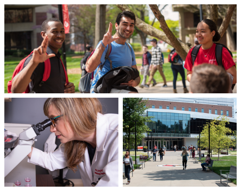Image collage of Uofl students walking on campus and student looking in microscope