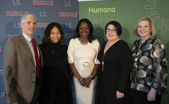 Group photo for The University of Louisville, Louisville-based Humana Inc. and The Humana Foundation new cooperative agreement announcement