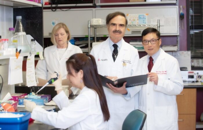 UofL cardiologist Roberto Bolli, center, leads a new, multicenter clinical trial of an IV-delivered stem cell therapy for heart failure at the University of Louisville and UofL Health. UofL photo.