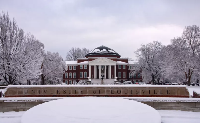 Grawemeyer Hall in the snow.