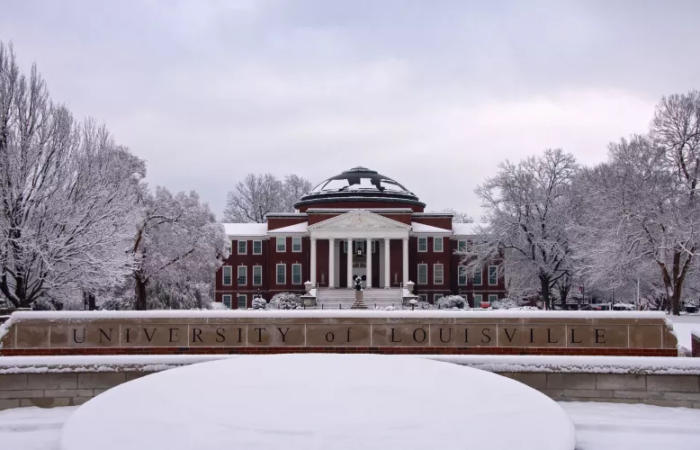 Grawemeyer Hall in the snow.