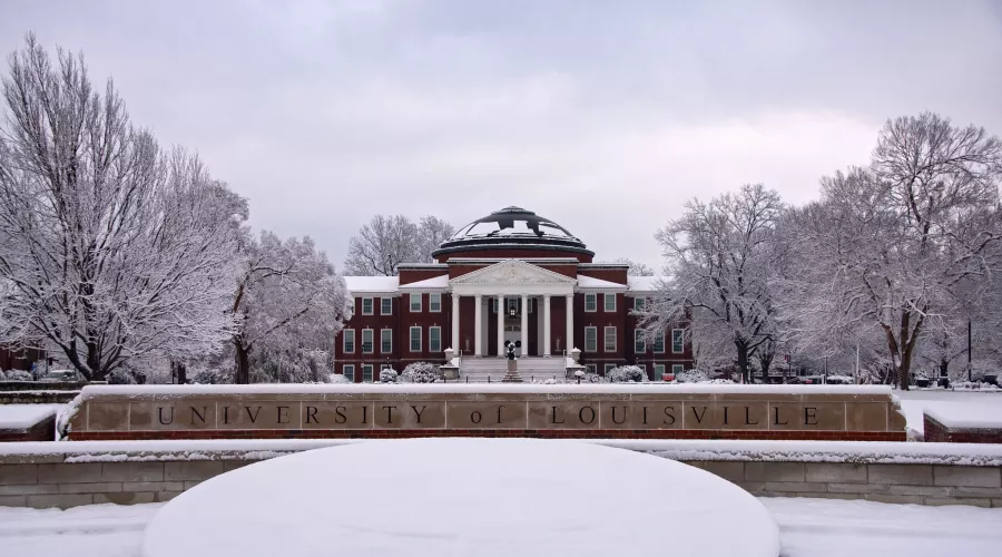 Grawemeyer Hall in the snow.