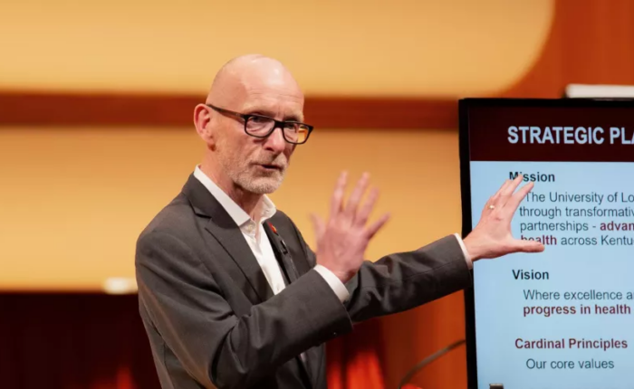 President Gerry Bradley delivered the State of the University address at Comstock Hall in the School of Music on Feb. 12.