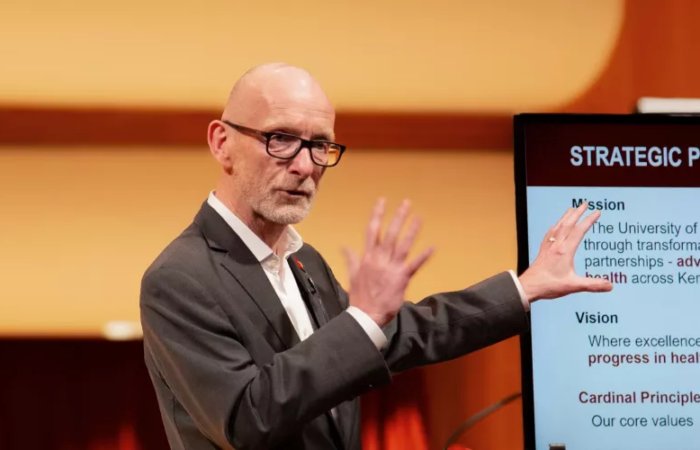 President Gerry Bradley delivered the State of the University address at Comstock Hall in the School of Music on Feb. 12.