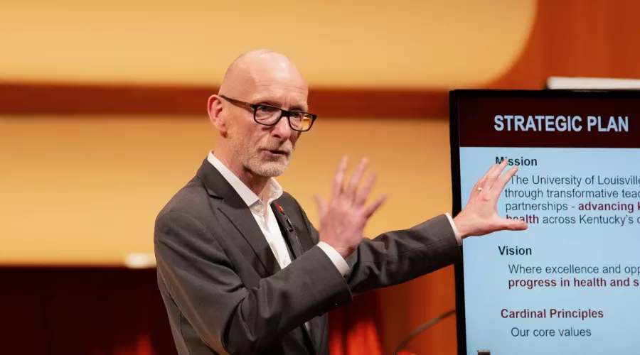 President Gerry Bradley delivered the State of the University address at Comstock Hall in the School of Music on Feb. 12.