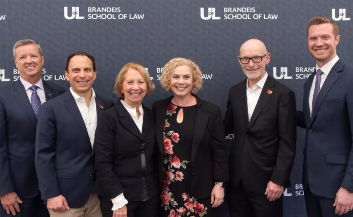 From left to right: Mike Davis, Louisville Mayor Craig Greenberg, Marcia Roth, Dean Melanie B. Jacobs, President Gerry Bradley and Jarrod Carnahan