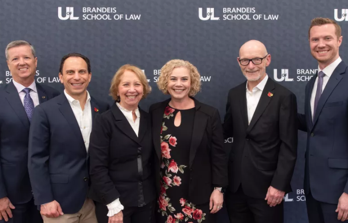 From left to right: Mike Davis, Louisville Mayor Craig Greenberg, Marcia Roth, Dean Melanie B. Jacobs, President Gerry Bradley and Jarrod Carnahan