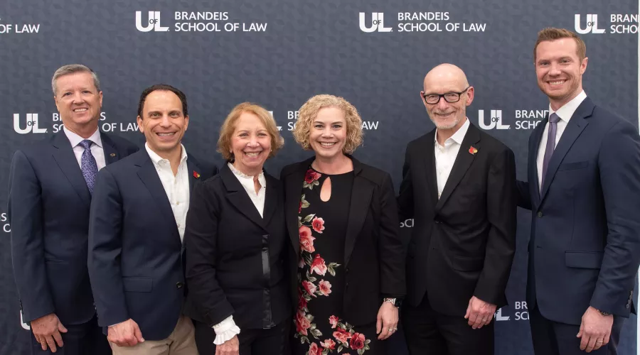 Mary Byron Press Conference From left to right: Mike Davis, Louisville Mayor Craig Greenberg, Marcia Roth, Dean Melanie B. Jacobs, President Gerry Bradley and Jarrod Carnahan